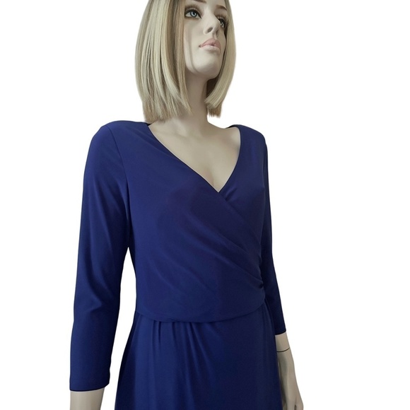 Ralph Lauren Dress Surplice Jersey Ruching ΒΎ Sleeve Cross Over Plunge Neck - Picture 6 of 15